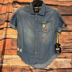 Justice Girls Pac-Man Chambray Shirt Oversized Button Up Short Sleeve Size M NWT